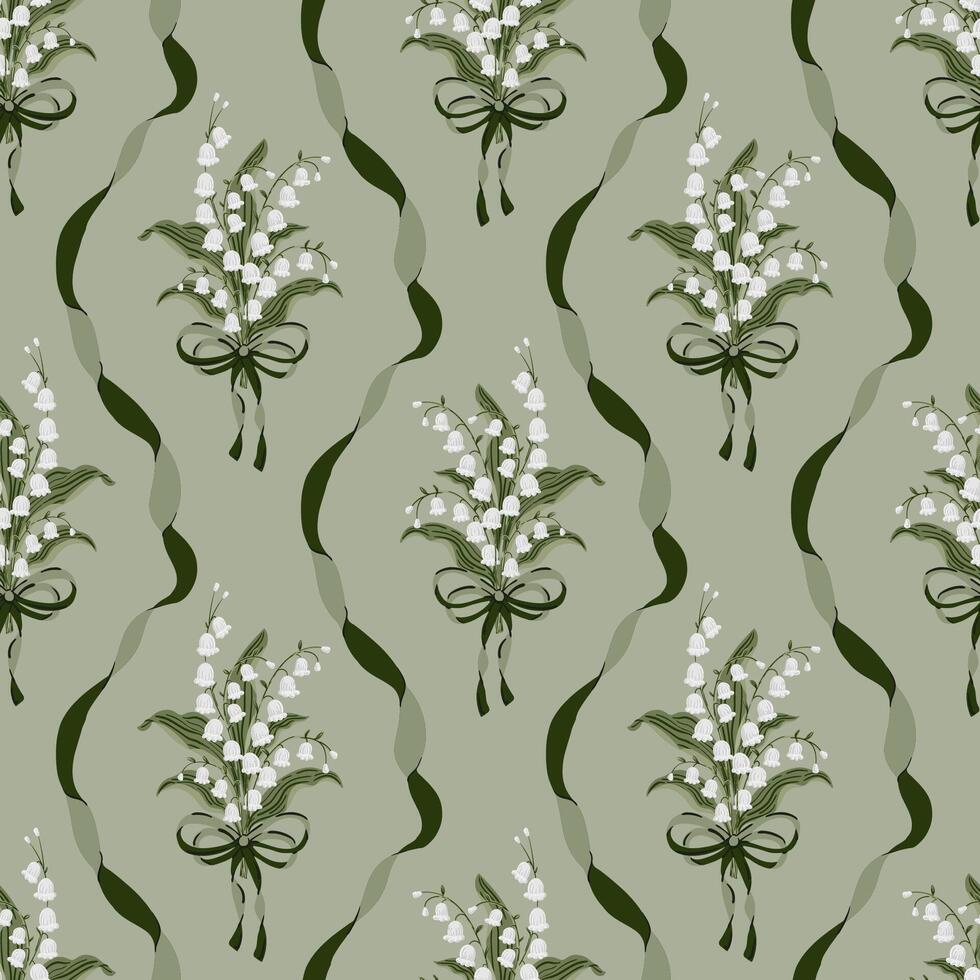 Lily Of the Valley Flower bouquet Coquette, Bow Vintage ribbon seamless Pattern satin bow knot Damask vector