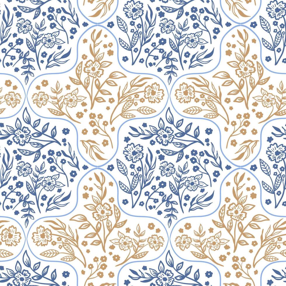 Damask floral, hand drawn seamless pattern. simple meadow flower botanical texture for rustic textile vector