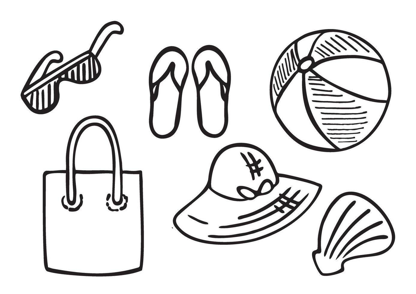 Set of summer beach elements in hand drawn doodle style. Beach stuff and items doodle vector