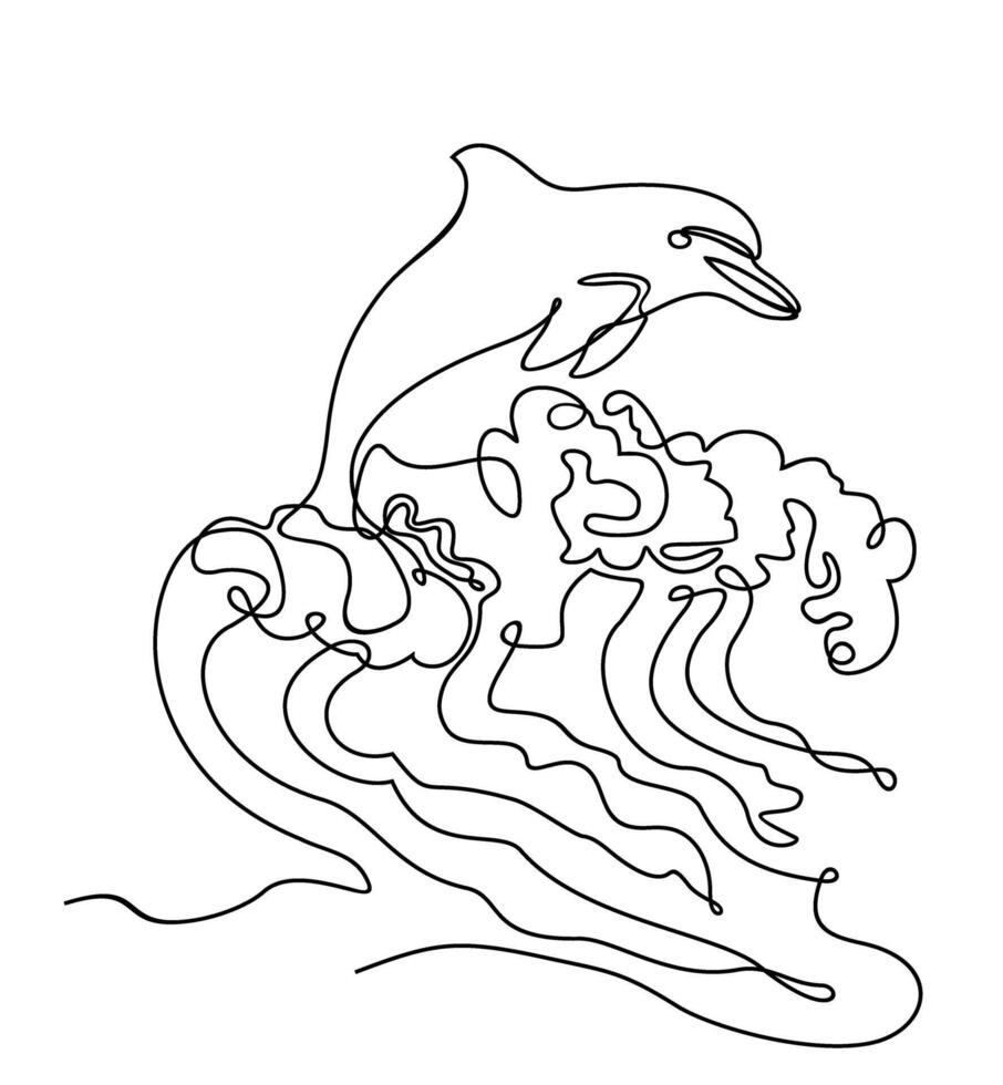 Continuous one line drawing of dolphin. Line Art. Hand drawn illustration of a dolphin diving in the sea waves. One single line drawing of dolphin for company vector