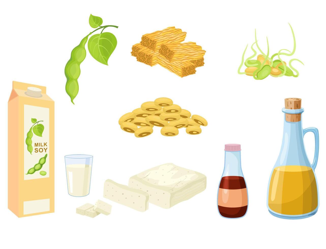 Set of cartoon soy food. Soya protein food. Soy products milk, sauce, meat, tofu, oil and so. Plant-based food and drink drawing vector
