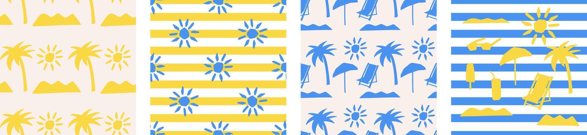 Tropical summer shapes seamless pattern set. Modern Tropical design with palm trees, stripes, and sun motifs in yellow and blue for paper, cover, fabric and other users vector
