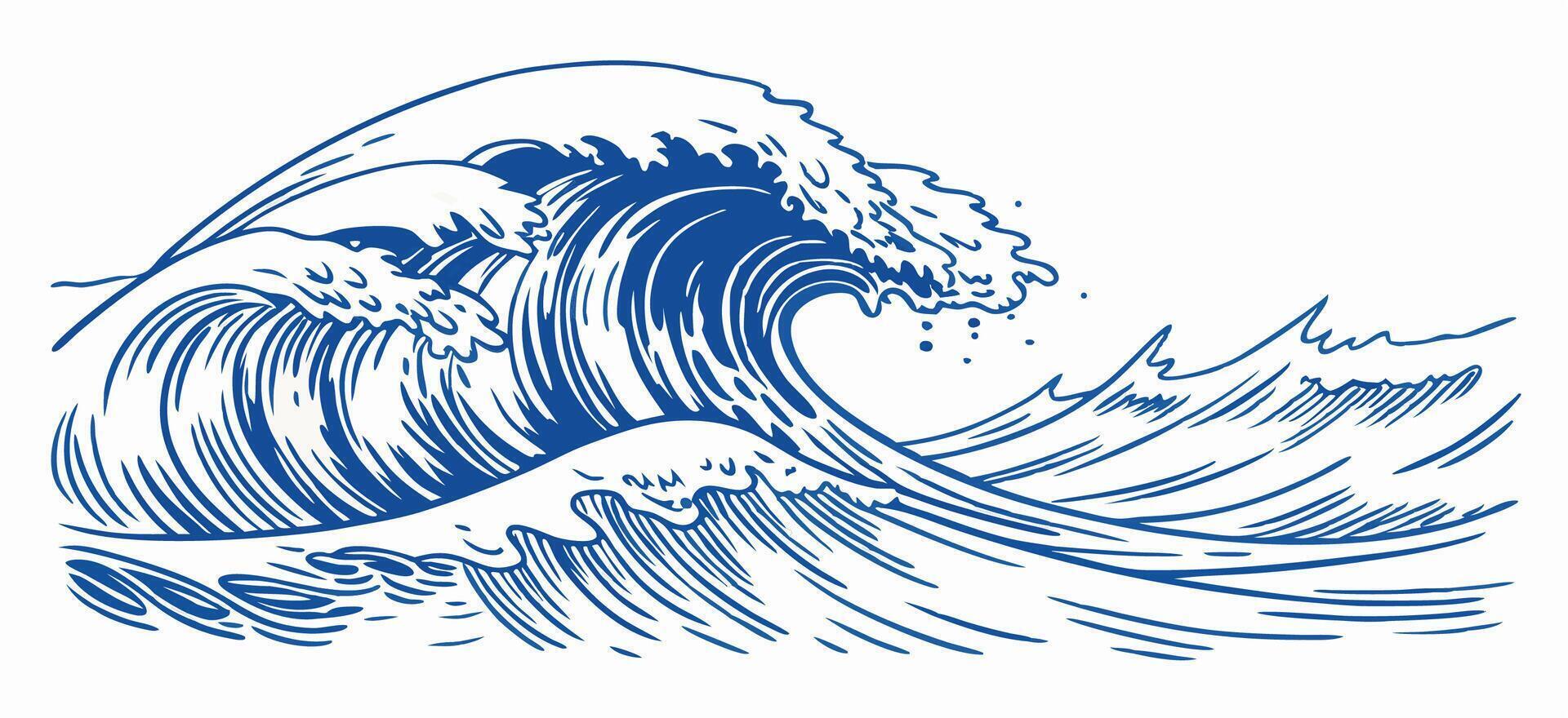 Blue Ocean Waves Drawing, Hand Drawn Wave Illustration vector