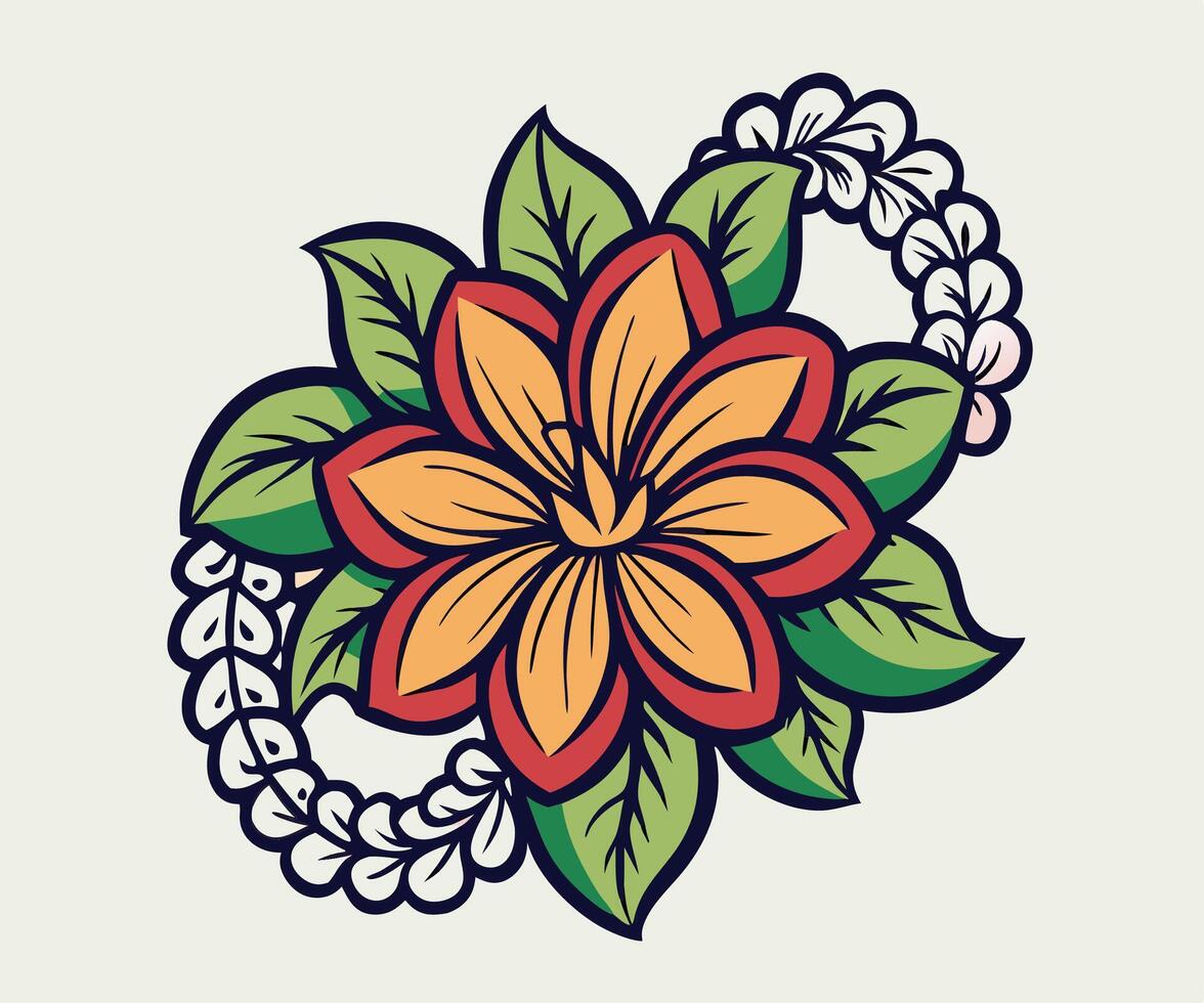 Vibrant Orange Flower with Green Leaves and White Floral Design vector