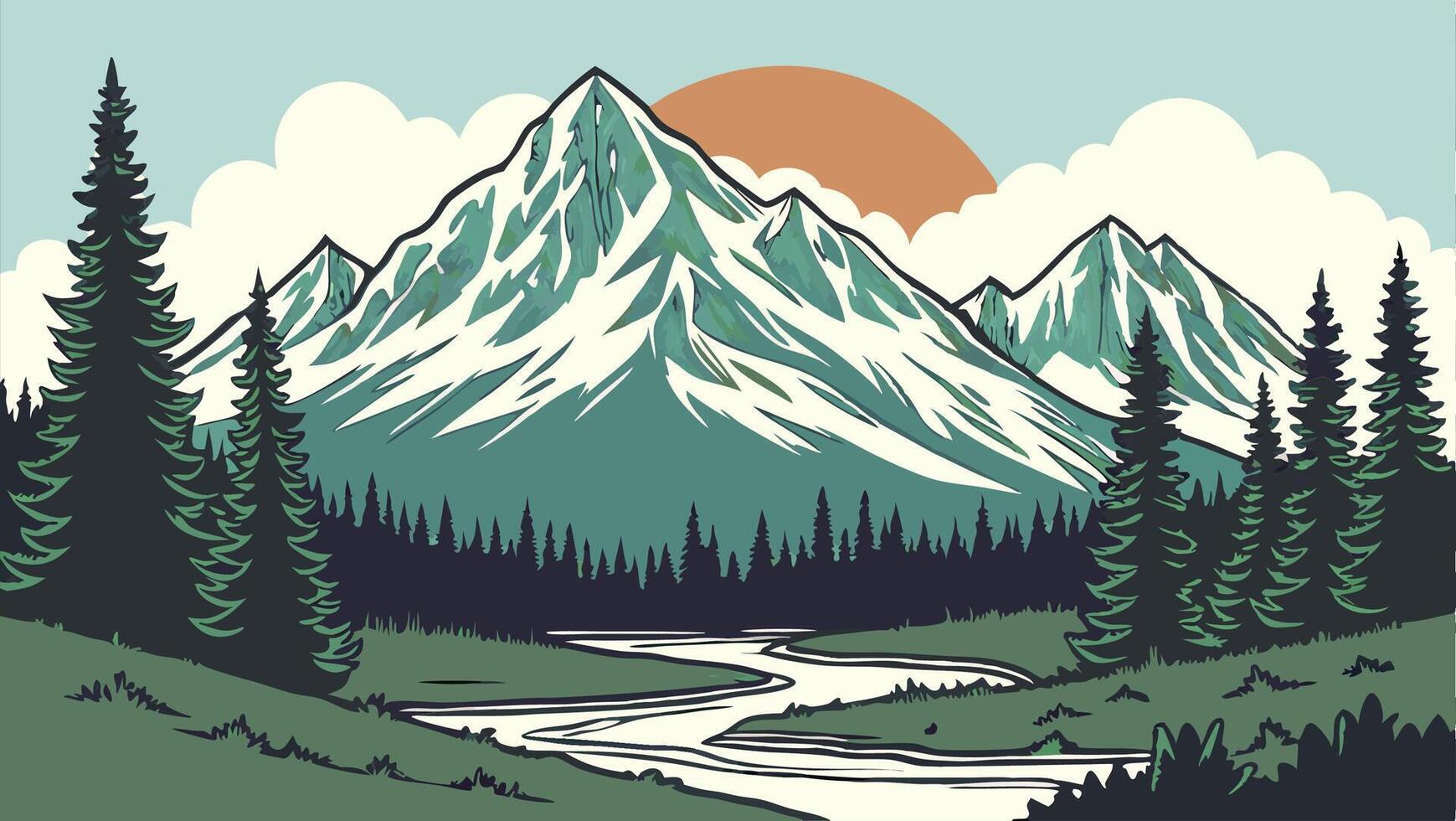Scenic Mountain Landscape with River and Forest vector