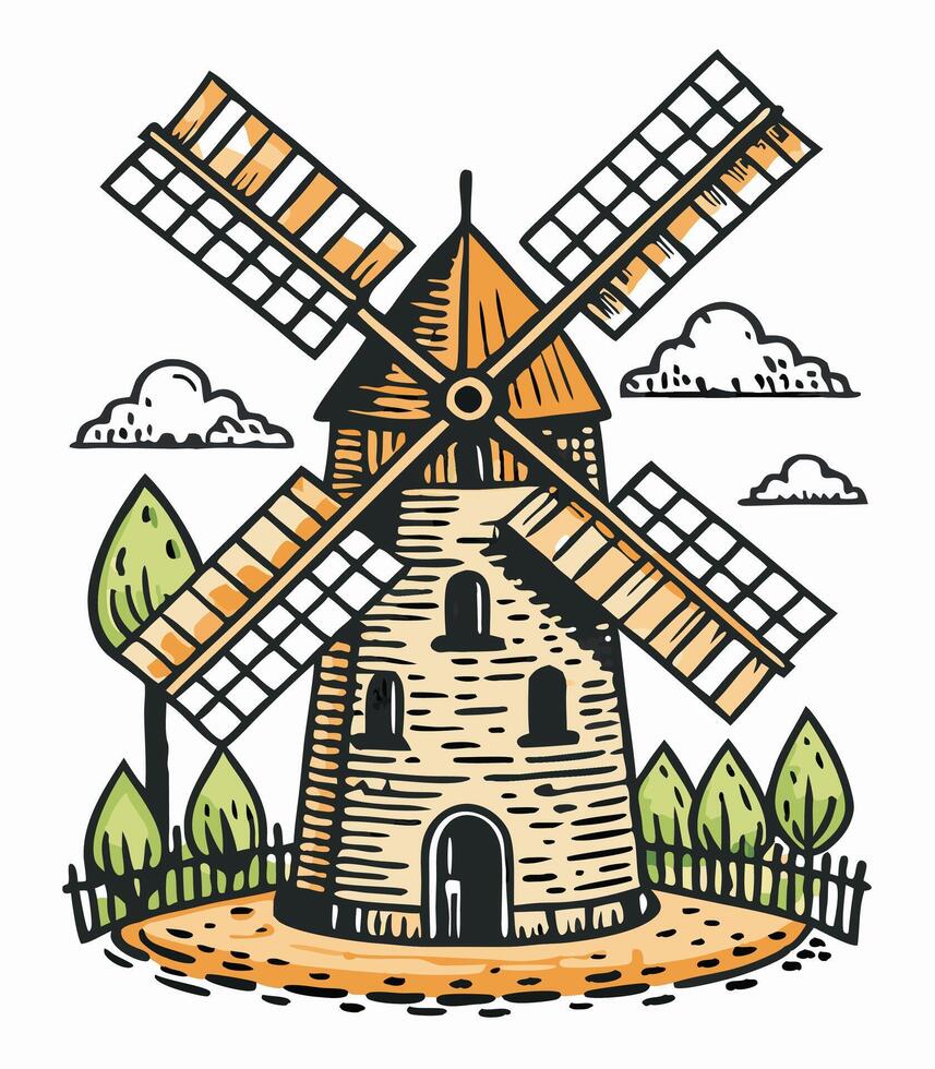 Hand drawn illustration of a windmill in a rural landscape vector