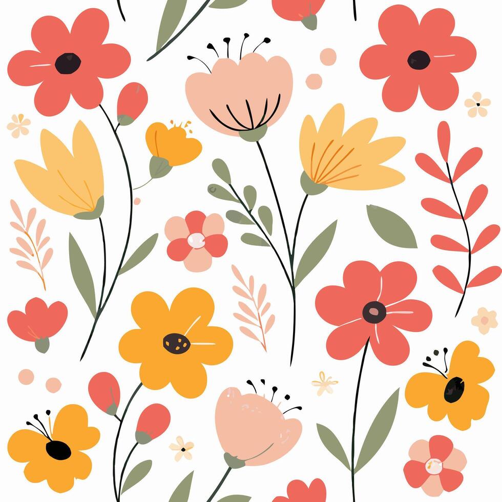 Seamless Pattern of Colorful Flowers, Floral Design, Botanical Illustration vector