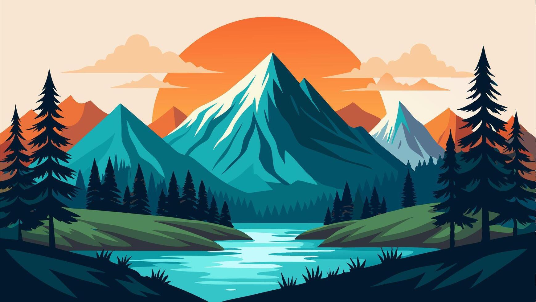 Sunset Mountain Landscape River, Peaks and Forest vector