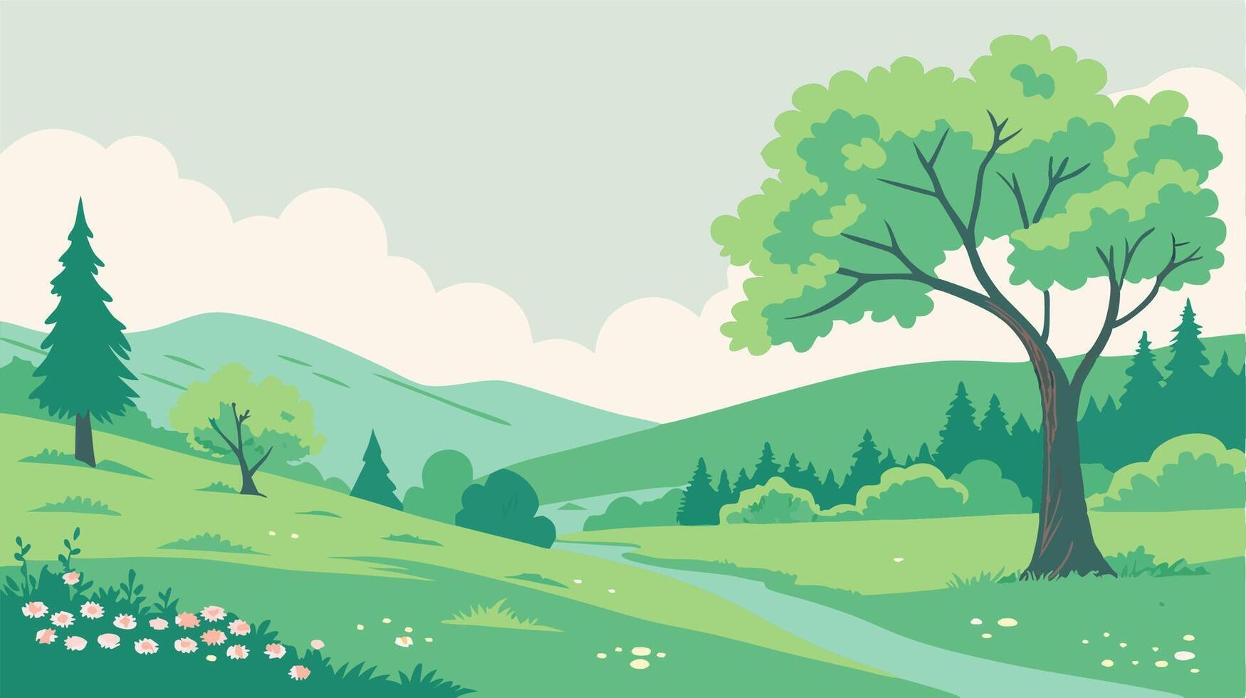 Serene Green Landscape Rolling Hills, River, Trees vector