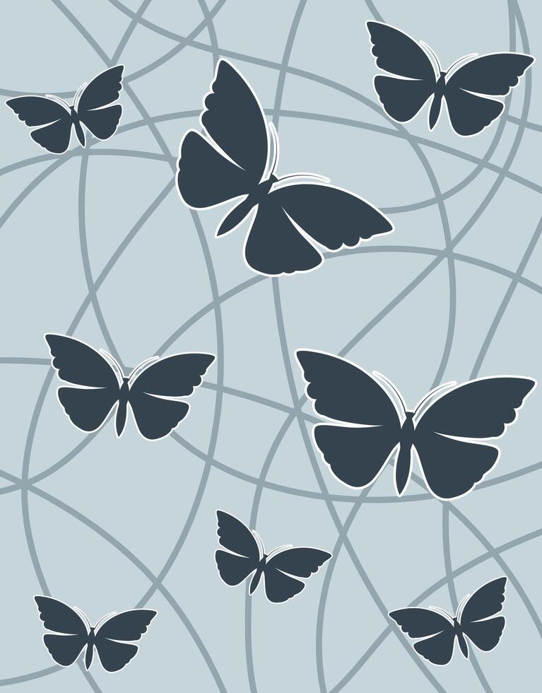 Dark butterfly silhouettes on soft blue abstract background vector