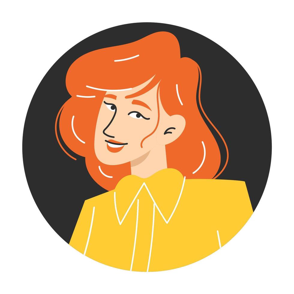 Flat Style Circular Portrait of Modern Young White Woman with Red Hair for User Icon or Avatar Illustration vector