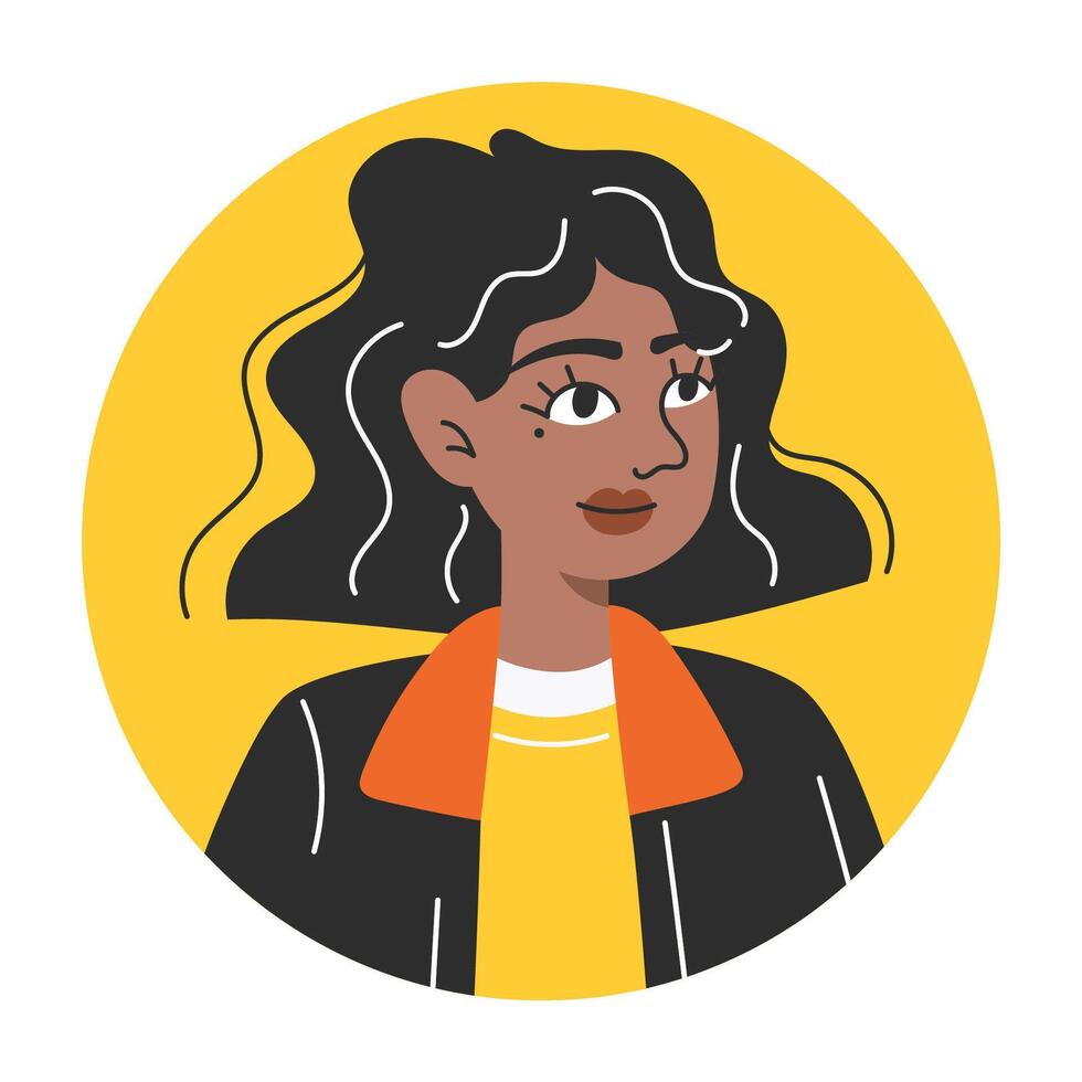 Flat Style Circular Portrait of Modern Young Dark-Skinned Woman for User Icon or Avatar Illustration vector
