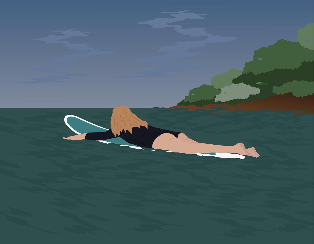 Surfing at sunset. Girl on a board in a tropical sea. Evening sky, calm waves. vector