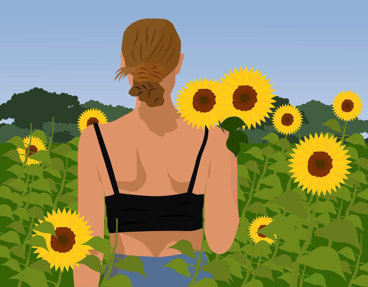 Girl among sunflowers illustration in flat design style. Summer atmosphere, calm color palette. vector