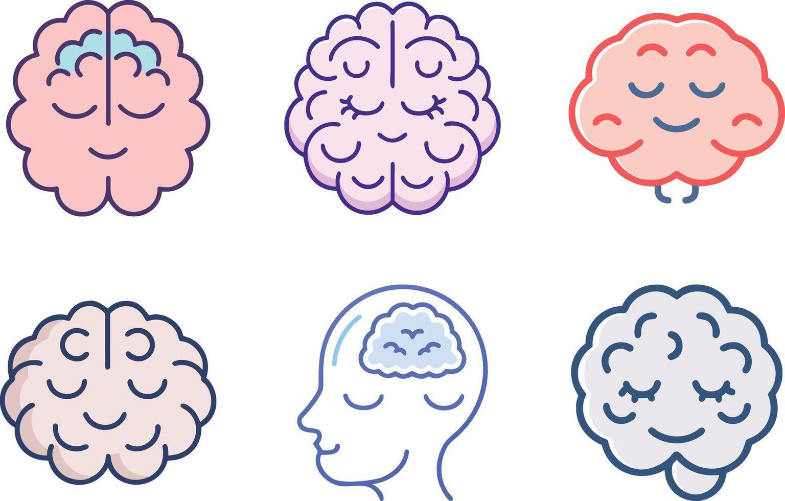 Six icon Six simplified brain illustrations representing cognitive functions and mental states vector