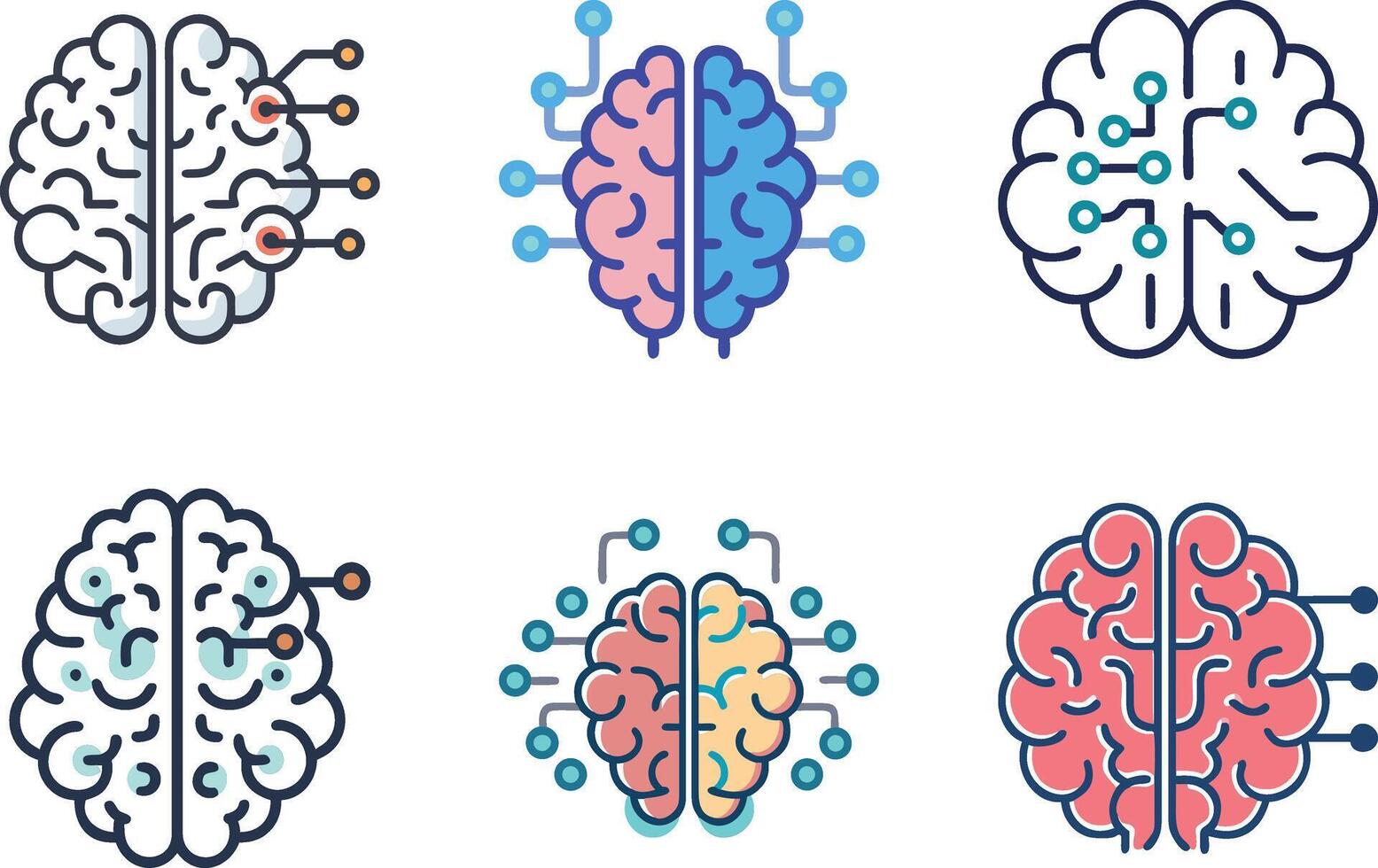 Six icon Six stylized brain icons representing different concepts of artificial intelligence vector