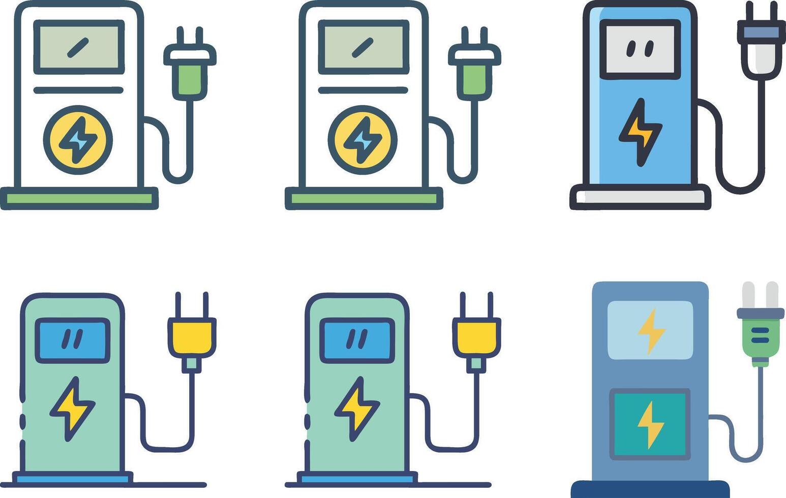 Six icon Electric vehicle charging station illustration set in multiple color variations vector