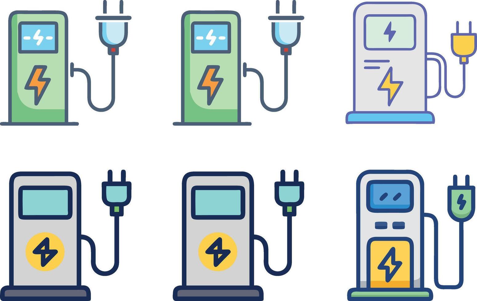 Six icon Collection of Electric Vehicle Charging Stations with Colorful and Modern Designs vector