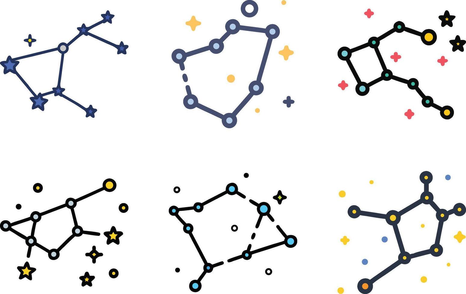 Six icon Six constellations with stars and dots on a white background in cartoon style vector