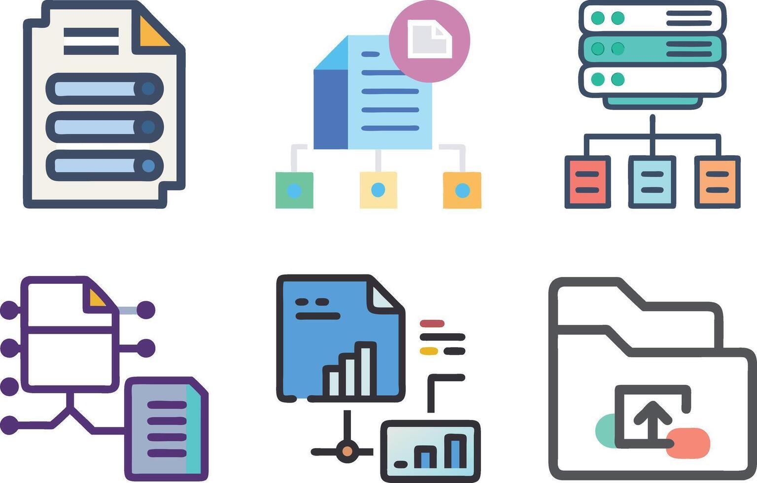 Six icon Various data and file management icons representing different aspects of data handling vector