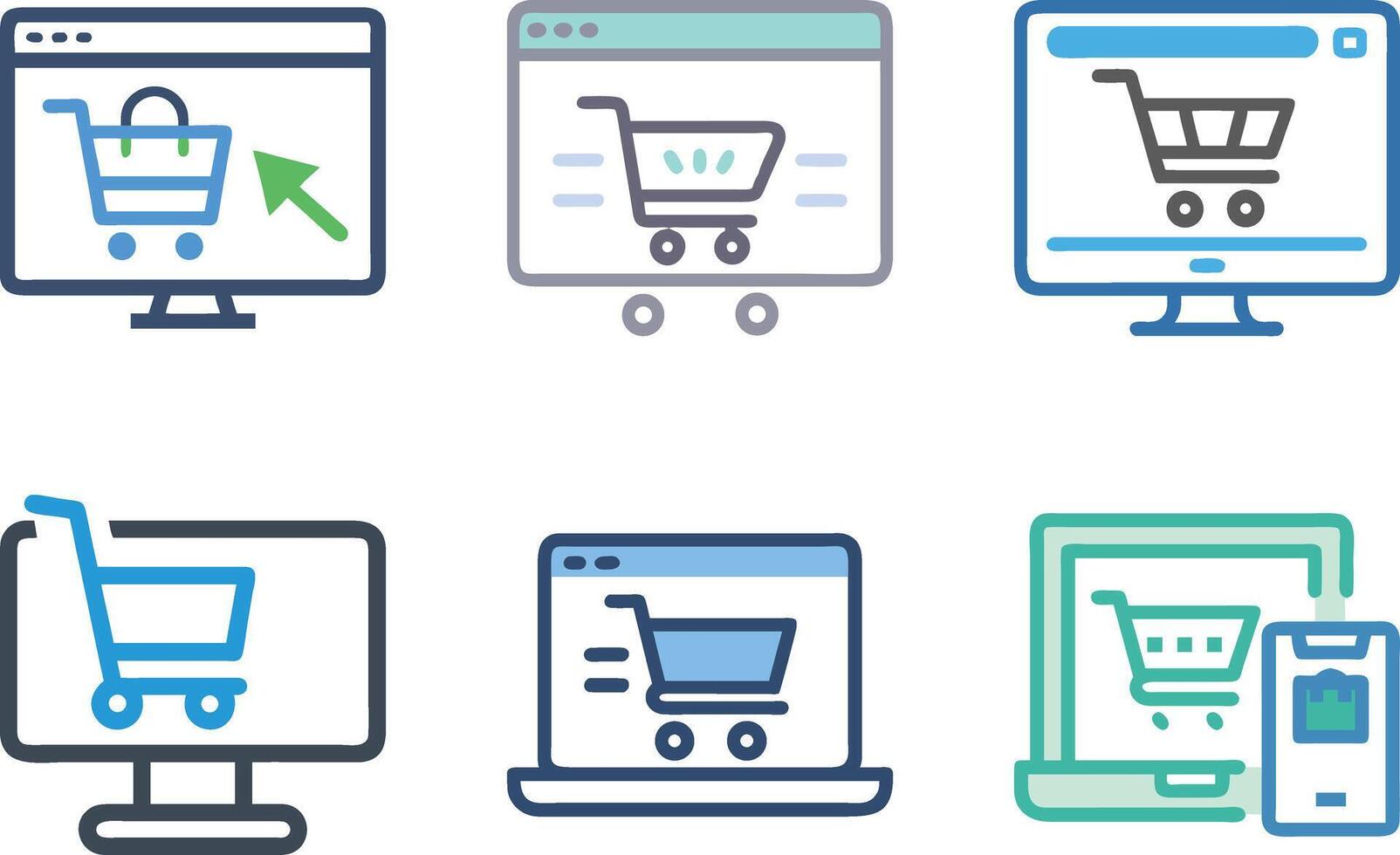 Six icon Online Shopping Icons Depicting Various Devices with Shopping Carts on Screen vector
