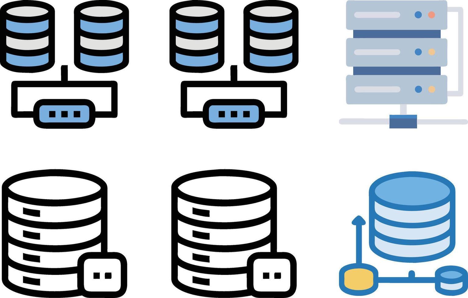 Six icon Illustrations depicting database server connections and data storage with networking symbols vector