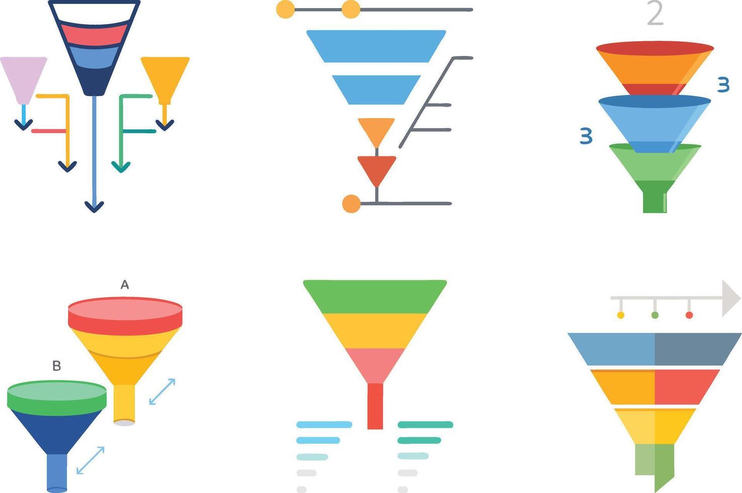 Six icon Various creative flat style funnels used for business process and marketing vector