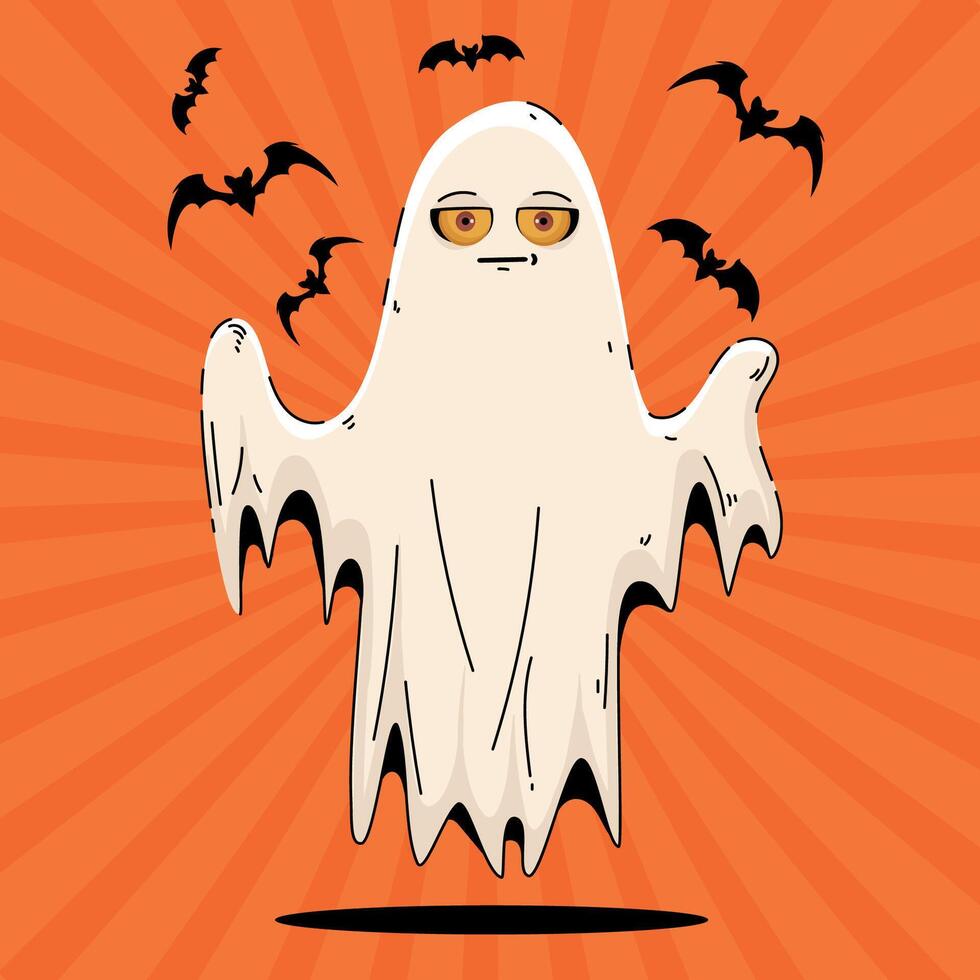 Halloween Cute Ghost in Hand Drawn Style with Bats and Rays. Spooky cartoon character. Ghost icon. Playful night spirit with decorations. perfect for cards, patterns, print, web vector
