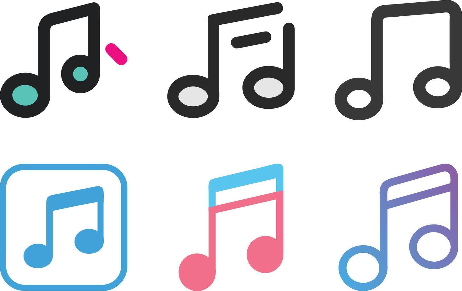 Six icon Colorful Musical Note Icons Arranged in a Row on White Background vector