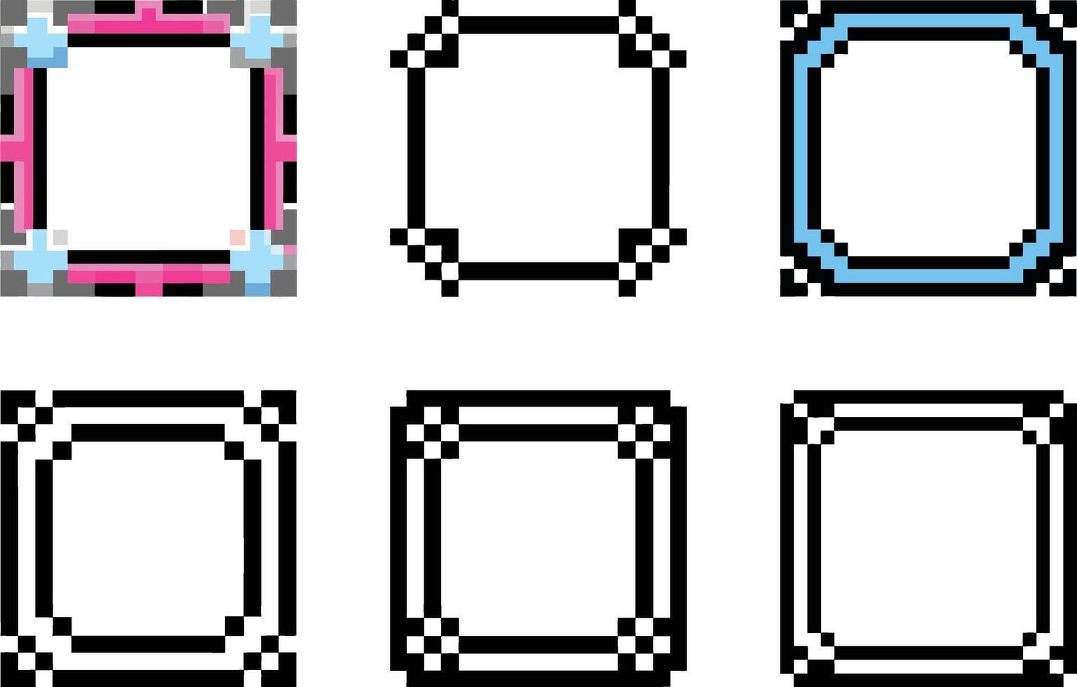 Six icon Collection of Various Pixel Art Square Frames for Design Resources and Templates vector