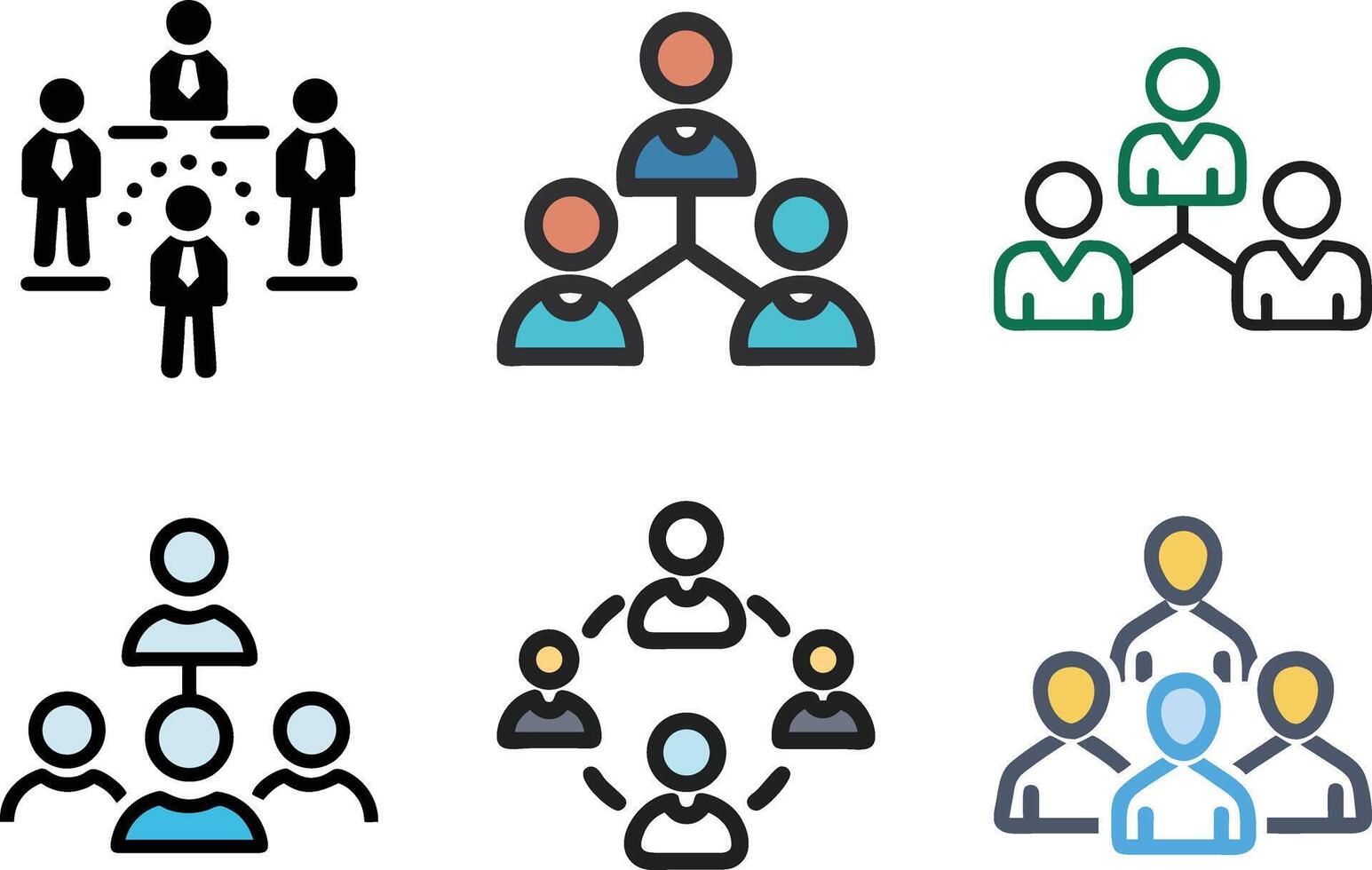 Six icon Diverse organizational structures represented by colorful social network diagrams with leaders vector
