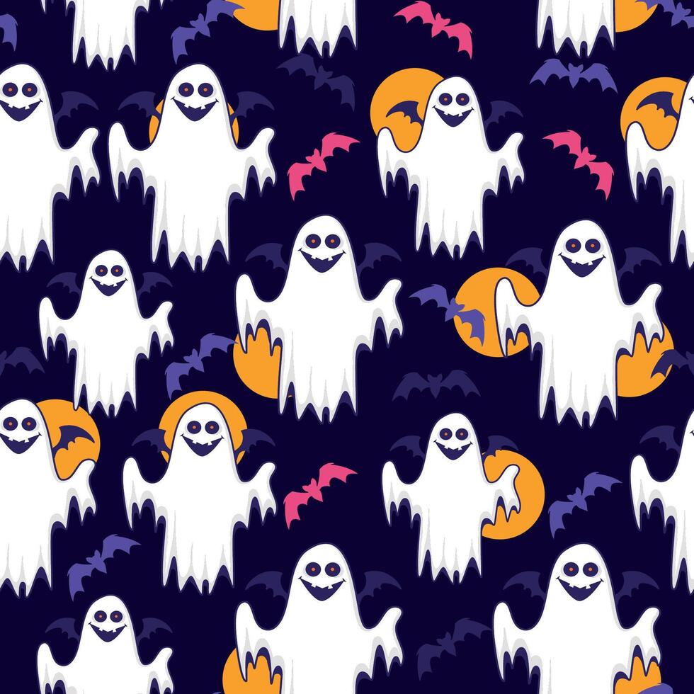 Halloween Seamless Pattern with Cute Ghost and Bats in Hand Drawn Style. Spooky cartoon character. Ghost icon. Playful night spirit with decorations. perfect for cards, patterns, print, web vector