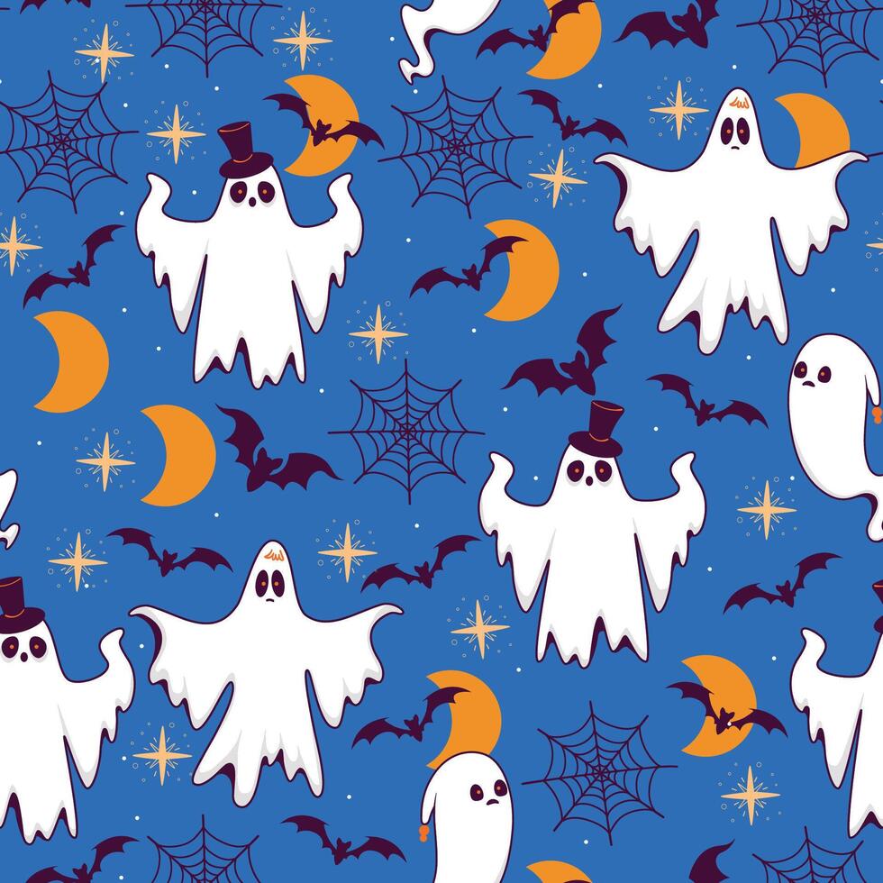 Halloween Seamless Pattern with Cute Ghosts, Stars, Moon, Bats and Spider Web in Hand Drawn Style. Spooky cartoon character. Ghost icon. Playful night spirit with decorations. perfect for cards vector