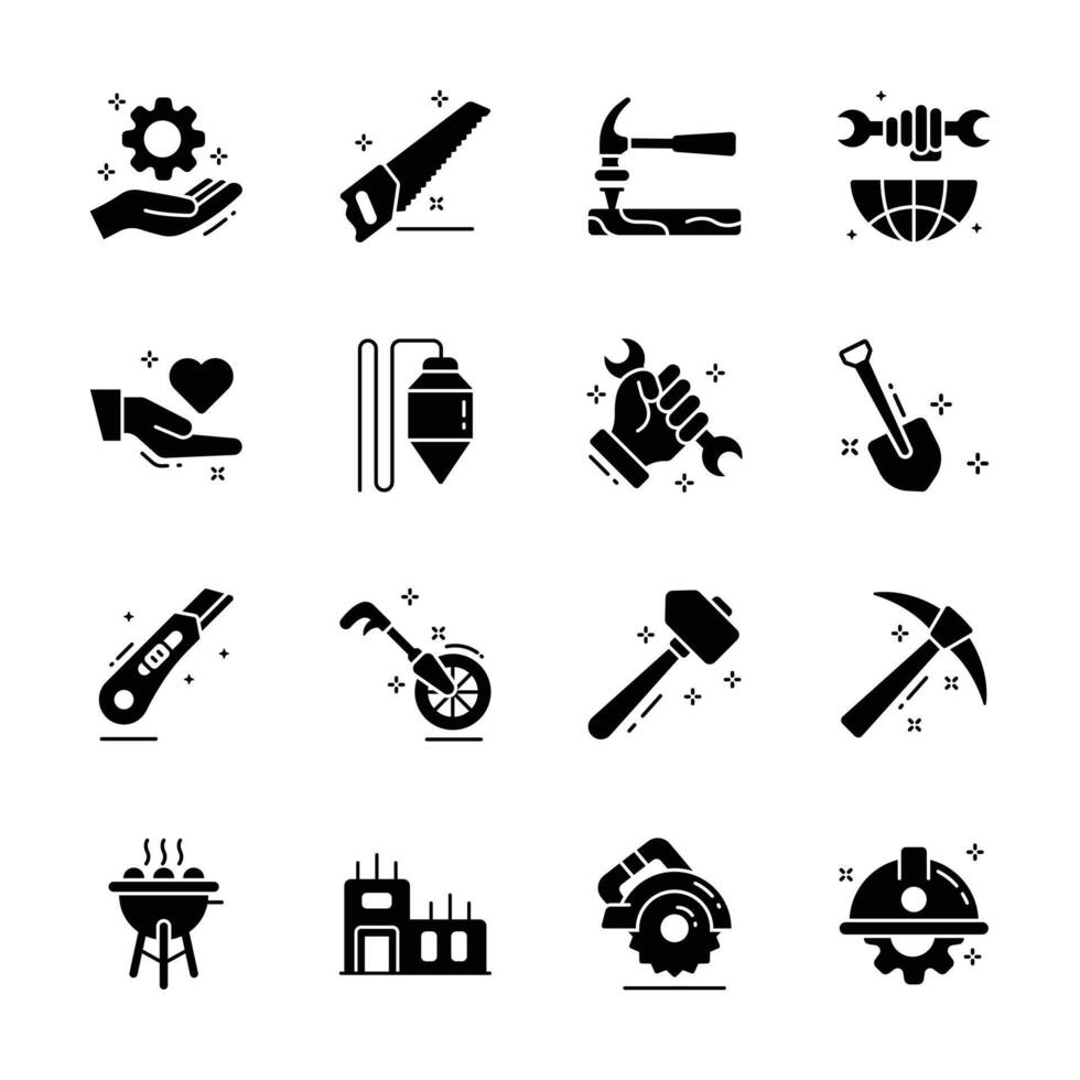 Check this modern collection of construction and labour day glyph icons vector
