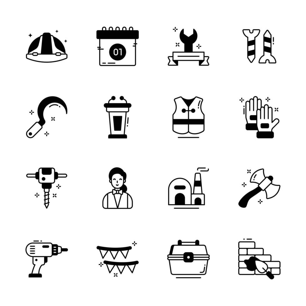 Get this handy collection of labour day glyph style icons. vector