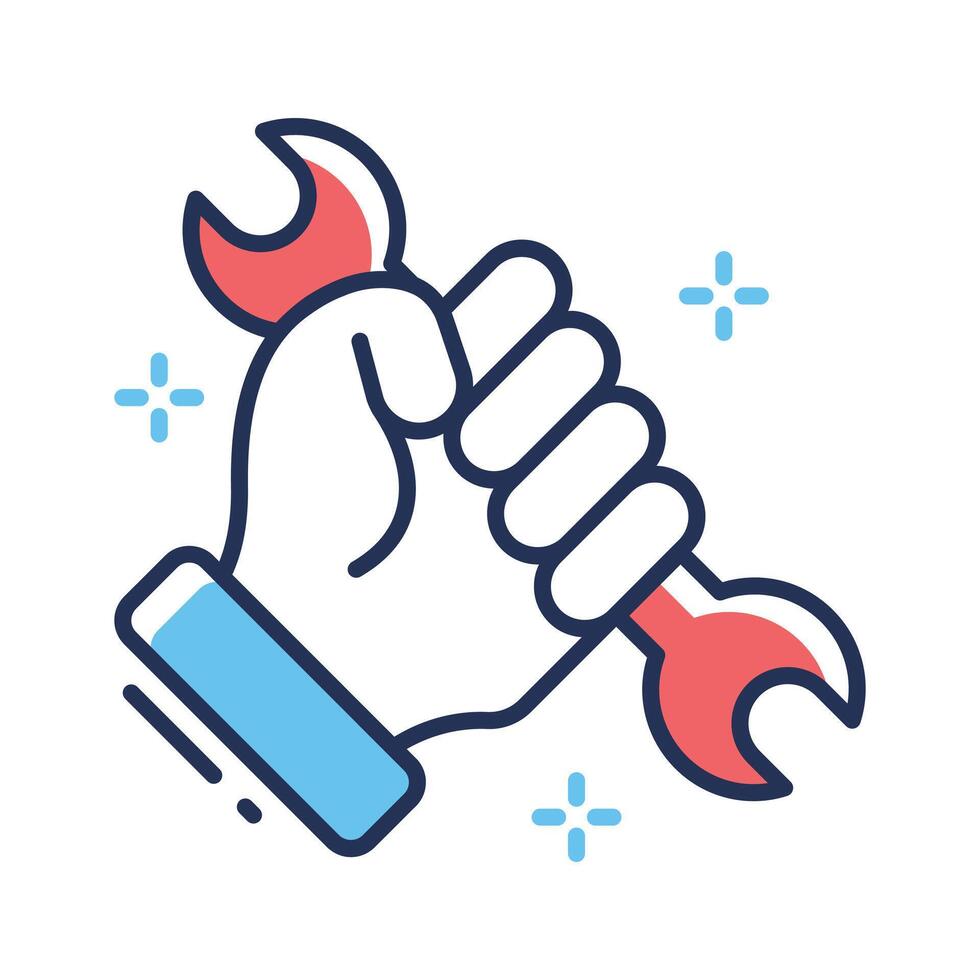 Modern outline style icon depicting hand holding spanner vector
