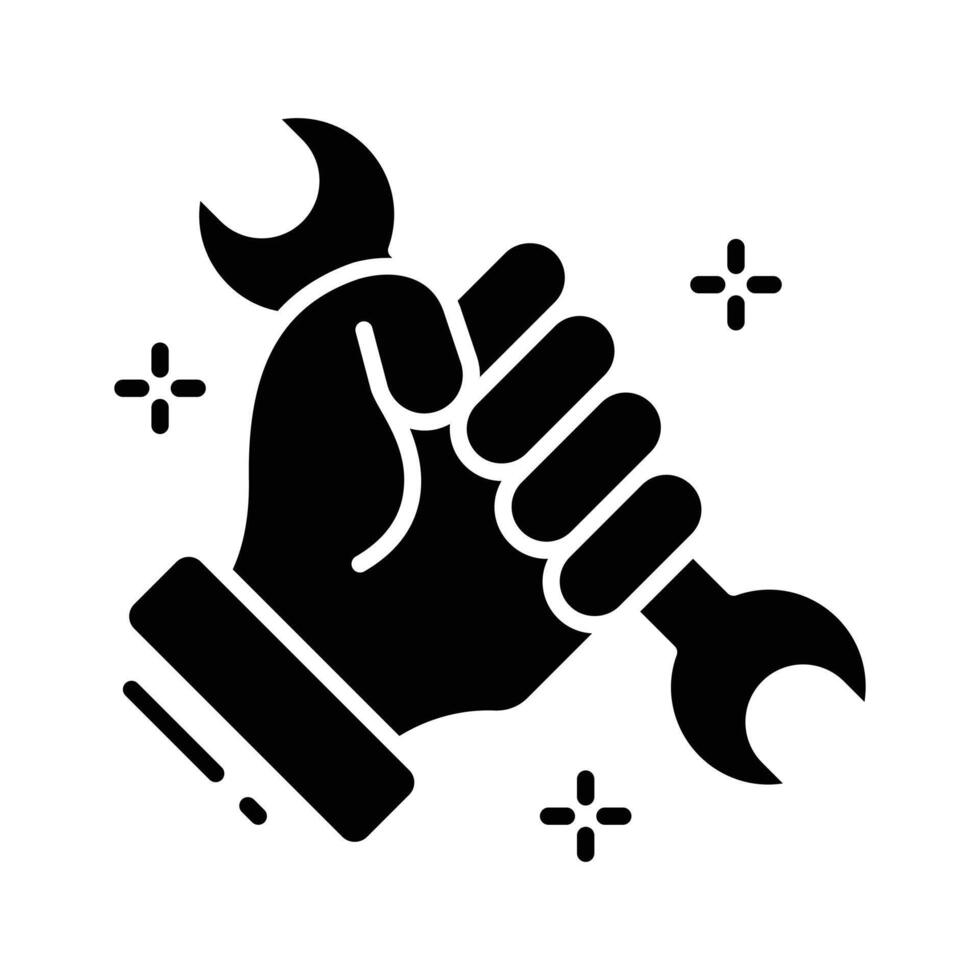 Modern glyph style icon depicting hand holding spanner vector