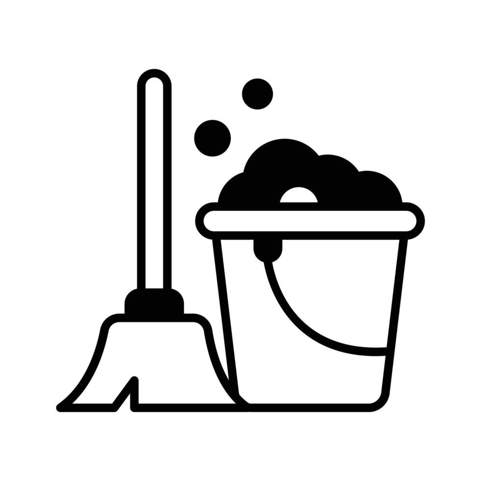 A well crafted glyph icon showing cleaning bucket with mop. vector
