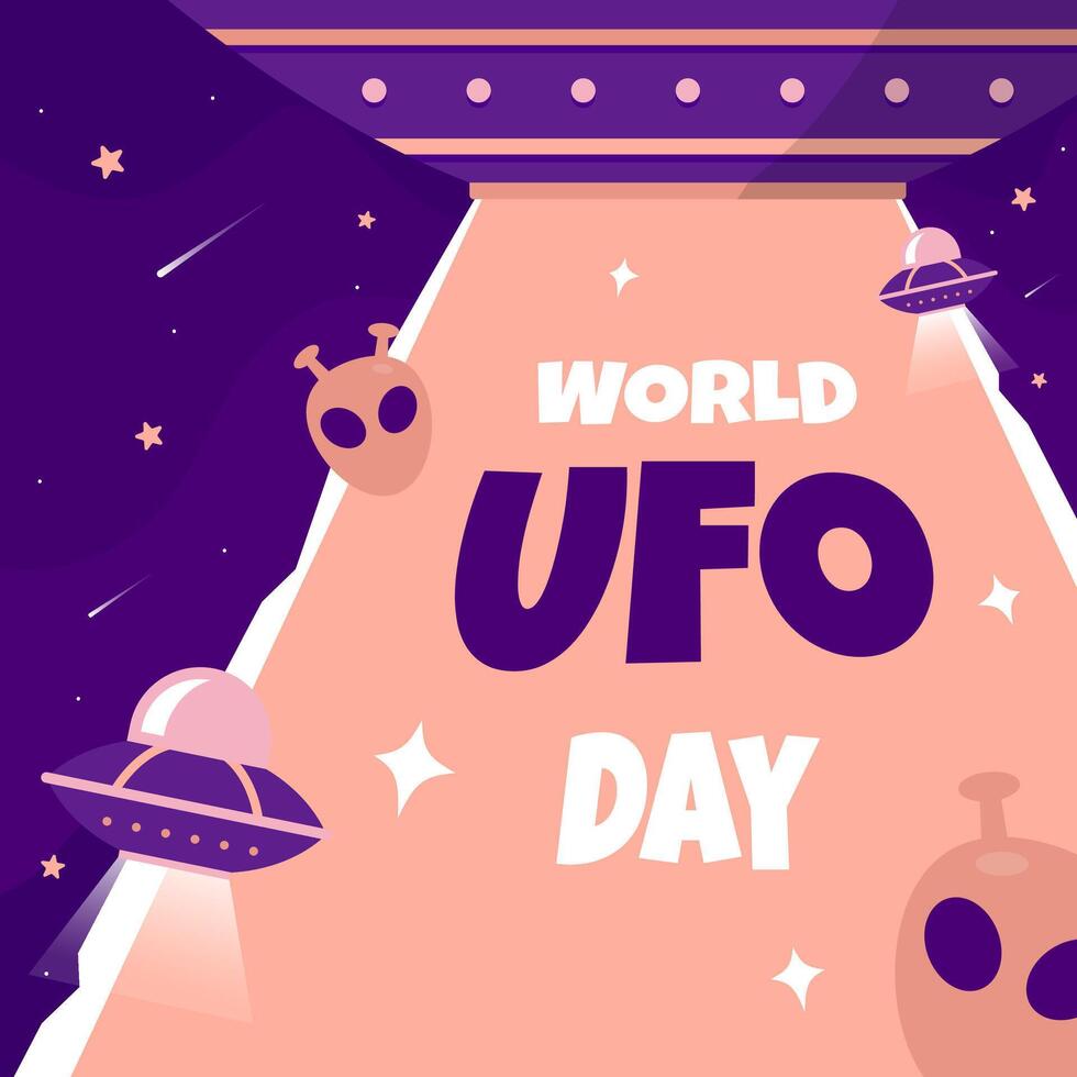 World UFO Day greetings on purple outer space with flying saucers and alien's head suitable for social media post greeting. World UFO Day illustration vector