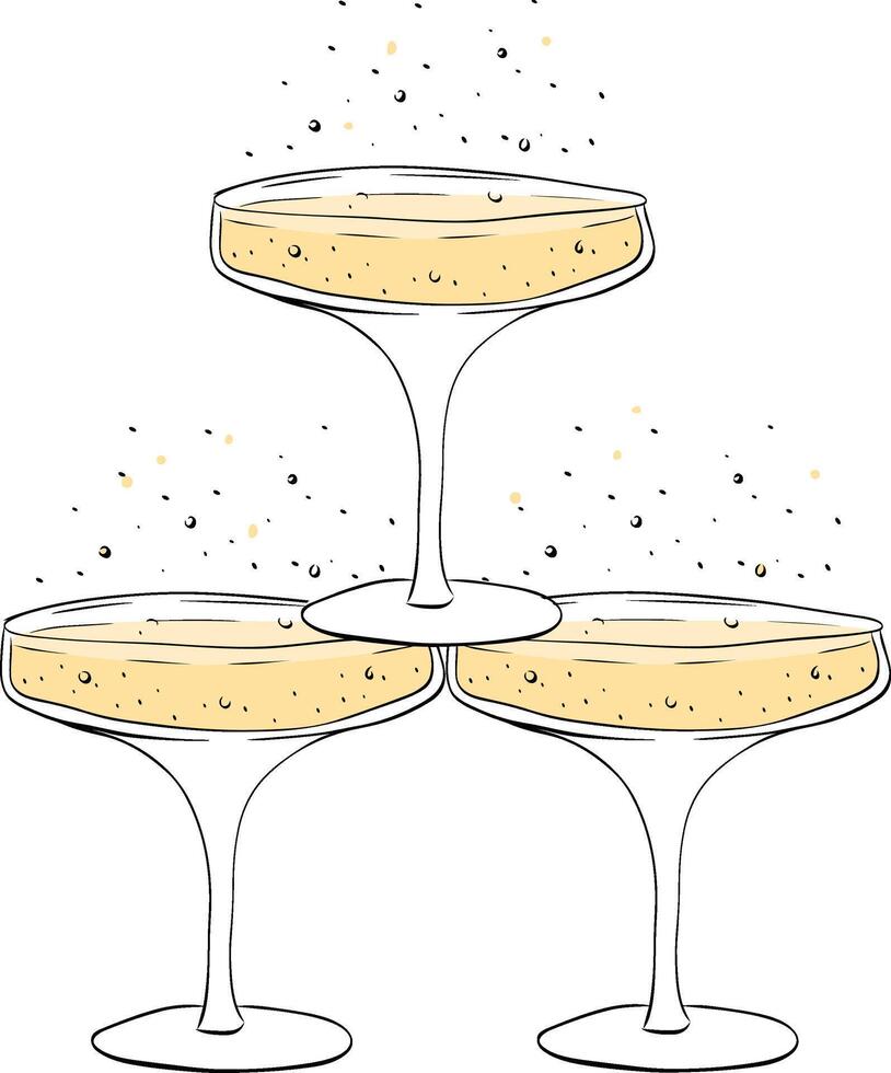 Champagne Glass with Splashes composition isolated. graphic line ink illustration. Perfect for cards, decorations, stickers, logo, menu, various designs. vector