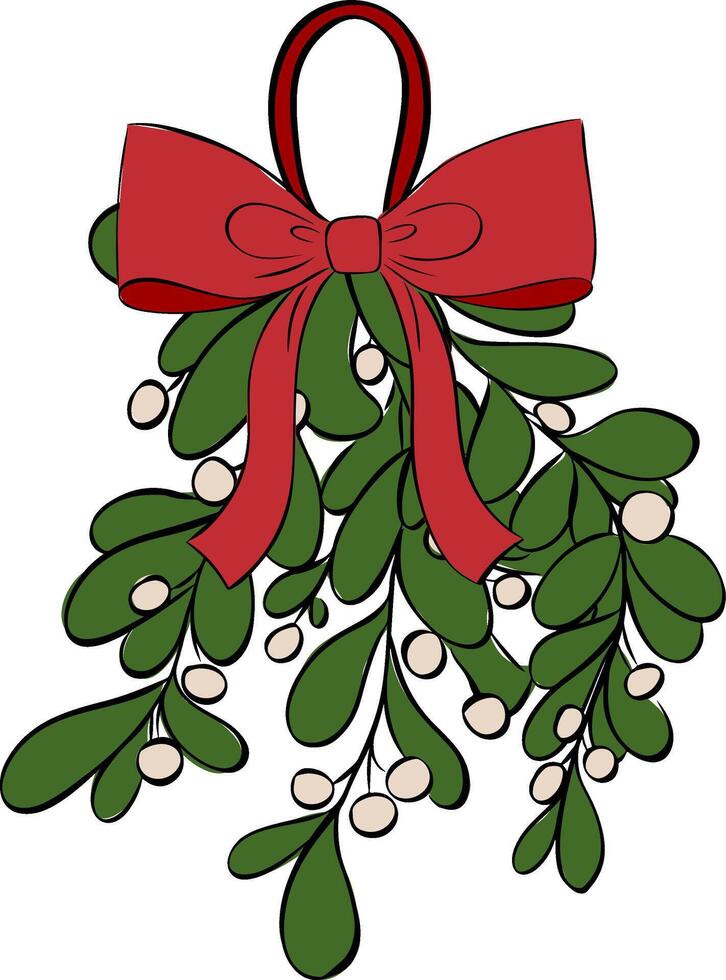 Omela, Holly, Mistletoe bunch with red ribbon composition isolated. graphic line ink illustration. Christmas holiday objects collection. Xmas illustration for greeting card vector