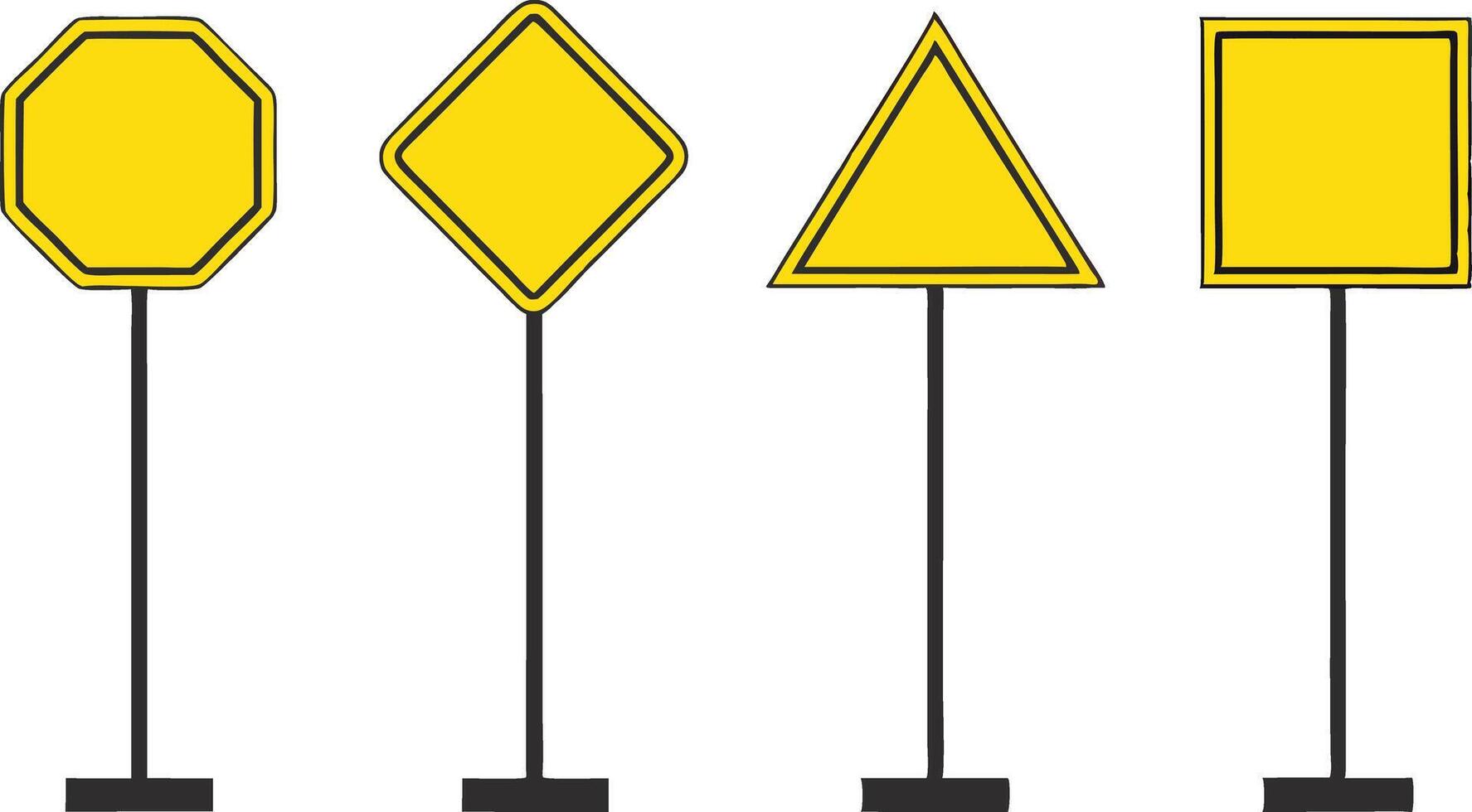 Yellow Warning Signs with Black Border on Poles in Various Shapes on White Background vector