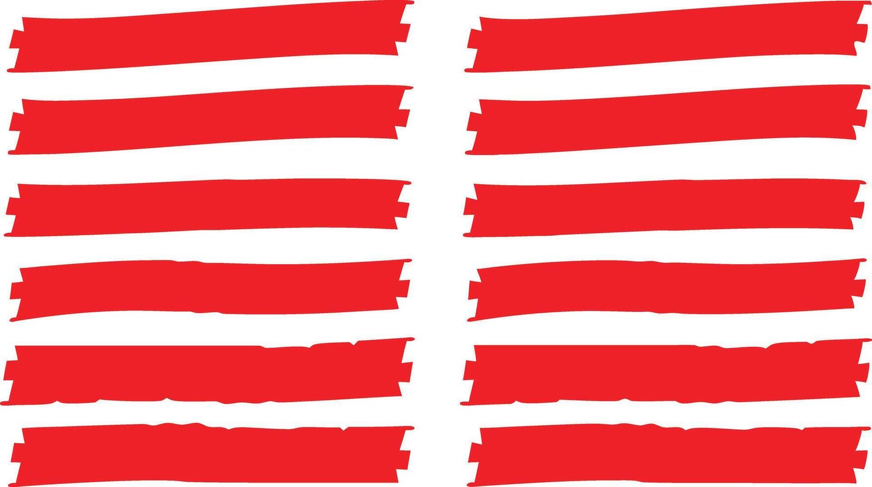 Set of Twelve Red Hand Drawn Horizontal Brush Strokes on a White Background vector