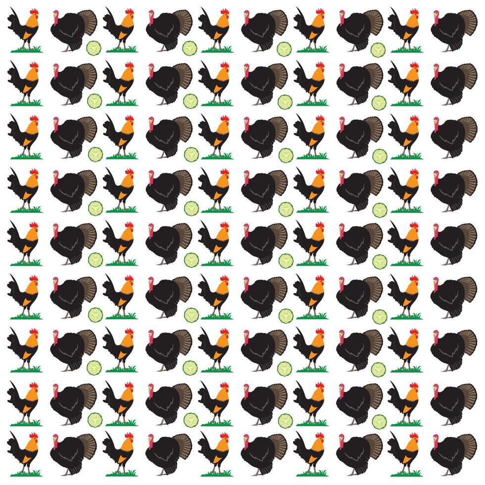 Turkeys and Roosters Repeat Pattern with Cucumbers vector