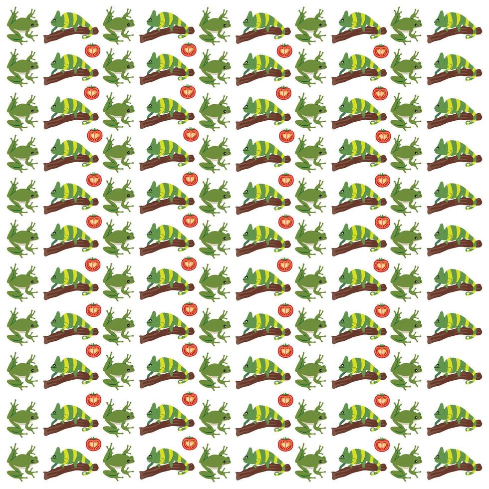 Frogs, Chameleons, and Tomatoes repeated illustrations vector