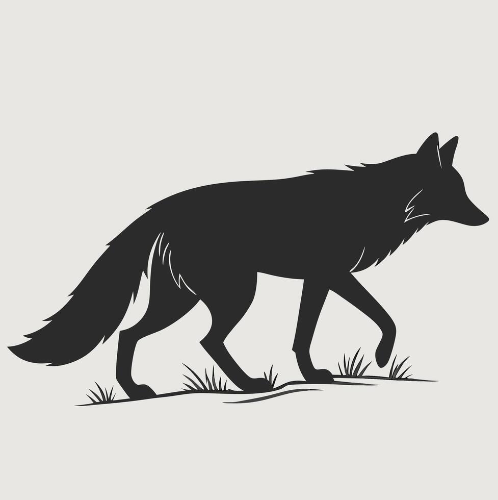A silhouette of a wolf walking across grass on a light gray background in a simple illustration vector