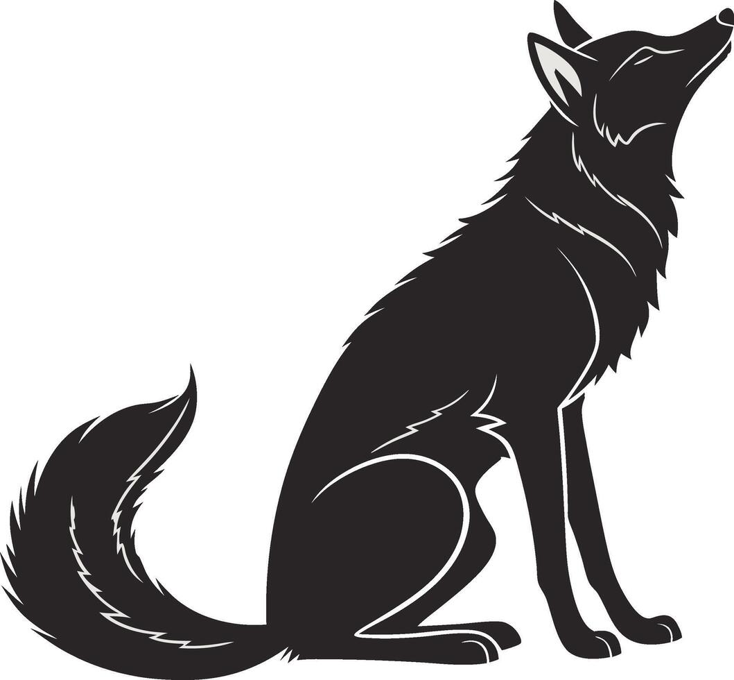 Black silhouette of a wolf sitting and howling with its head raised up against a white background vector