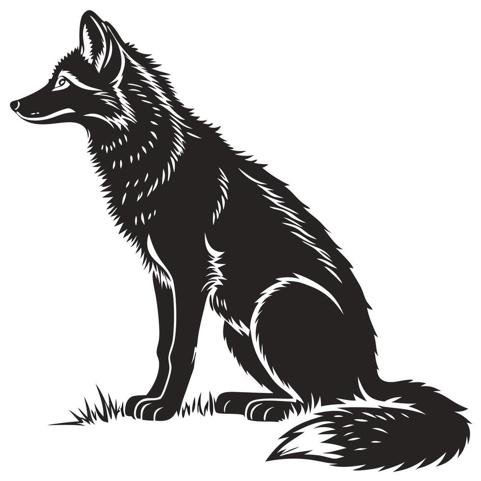 A black silhouette of a fox sitting on grass with a fluffy tail and pointed ears facing left side vector