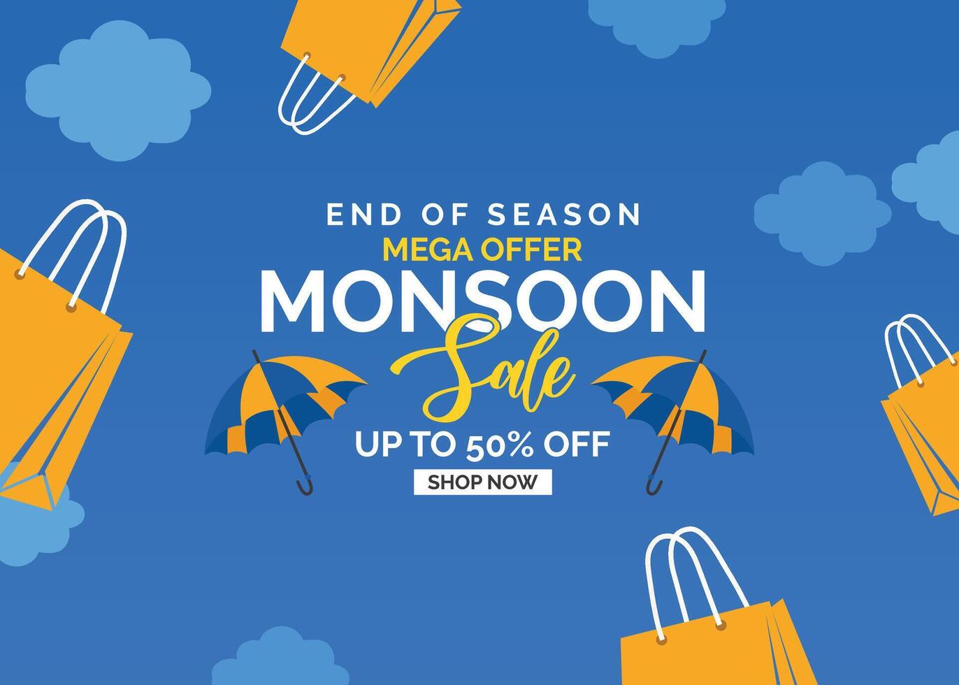 Monsoon sale offer banner template with paper cut clouds, colorful umbrella, and raindrops on a blue background. Overcast sky theme with space for text illustration vector
