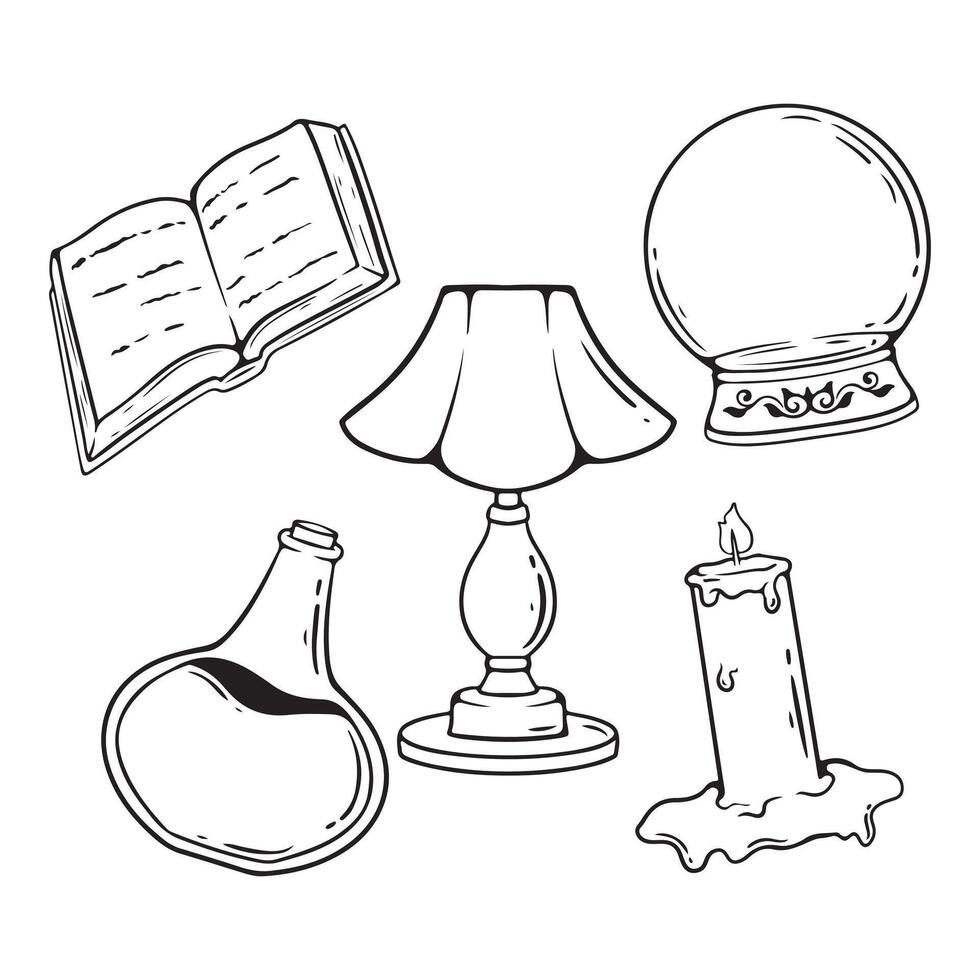 set of hand drawn lamp candle, book, glass vase, crystal ball. vector